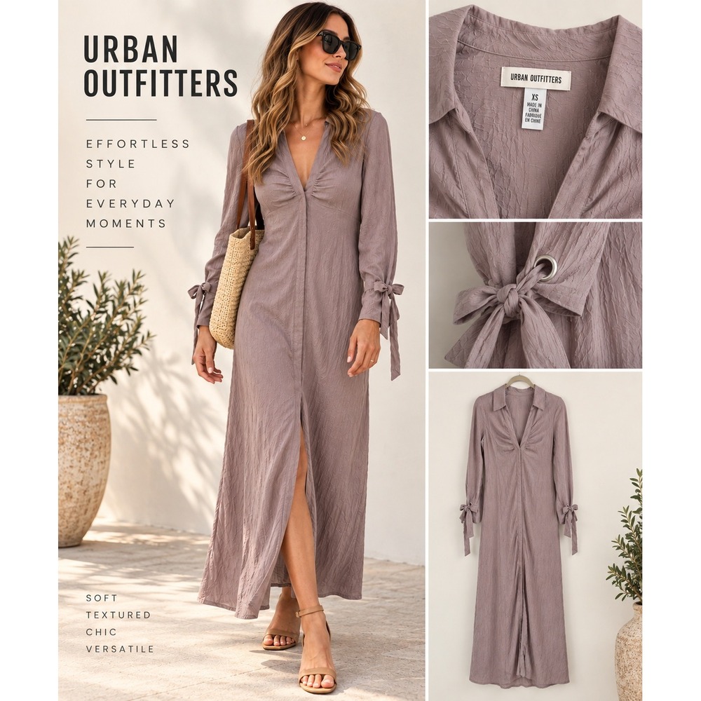 Urban Outfitters Textured V-Neck Maxi Dress Mauve Purple Tie Cuffs XS NWT